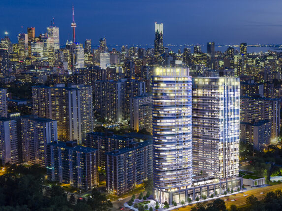 Aerial view of Via Bloor Condos overlooking Downtown Toronto
