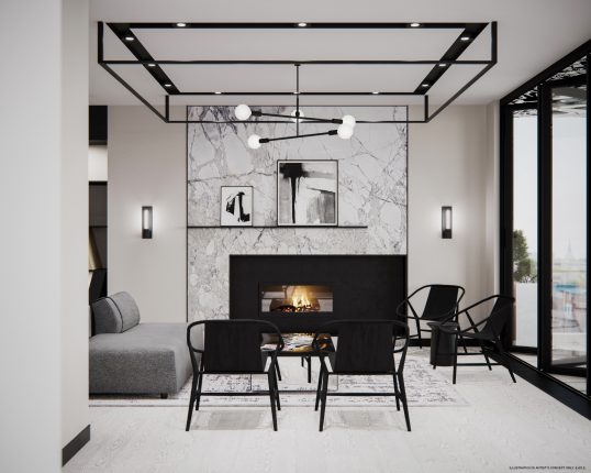 RUSH Condos Party Room Fireplace