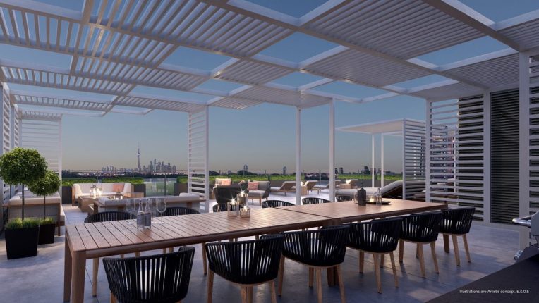 rooftop looking towards downtown toronto at st clair village condos at 900 st clair west