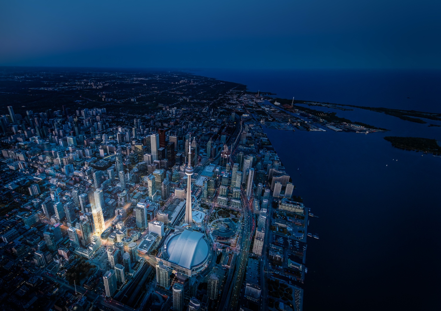 aerial view of toronto and 55 mercer condos